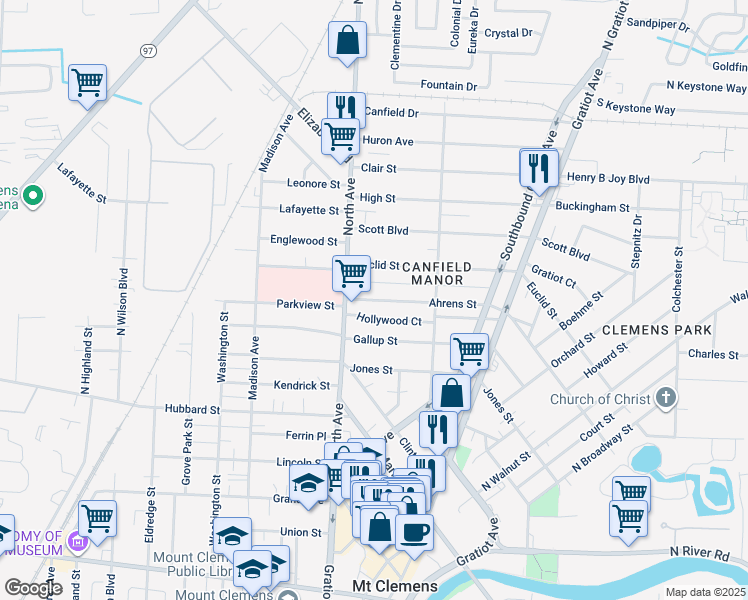 map of restaurants, bars, coffee shops, grocery stores, and more near 107 Ahrens Street in Mount Clemens