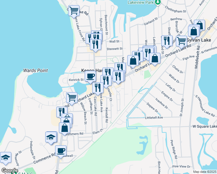 map of restaurants, bars, coffee shops, grocery stores, and more near 2225 Hester Court in Keego Harbor