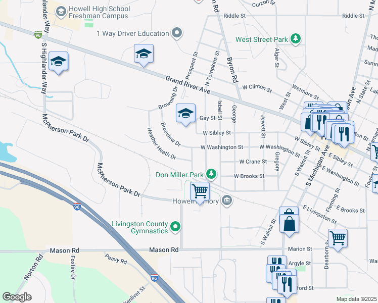 map of restaurants, bars, coffee shops, grocery stores, and more near 408 Aberdeen Way in Howell