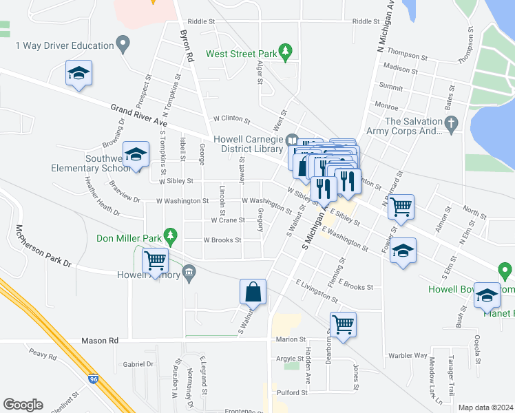 map of restaurants, bars, coffee shops, grocery stores, and more near 318 Gregory Street in Howell