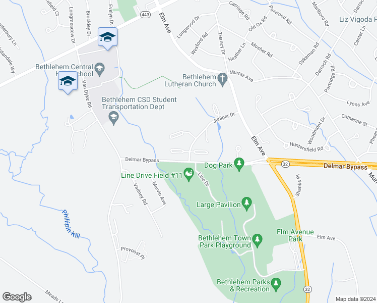 map of restaurants, bars, coffee shops, grocery stores, and more near 203 Derzee Court in Delmar