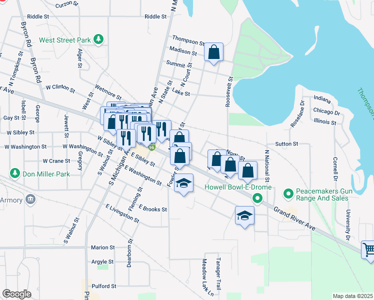map of restaurants, bars, coffee shops, grocery stores, and more near 427 East Clinton Street in Howell