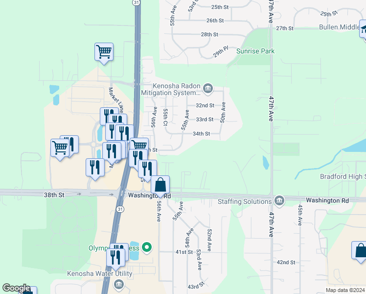 map of restaurants, bars, coffee shops, grocery stores, and more near 5503 35th Street in Kenosha