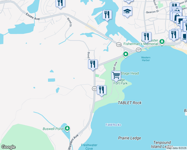 map of restaurants, bars, coffee shops, grocery stores, and more near 110 Western Avenue in Gloucester