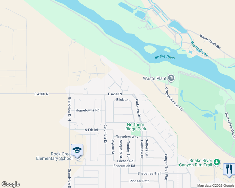 map of restaurants, bars, coffee shops, grocery stores, and more near 600 Canyon Rim Road in Twin Falls
