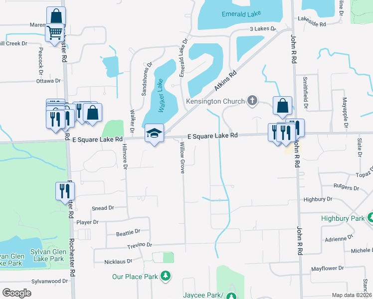 map of restaurants, bars, coffee shops, grocery stores, and more near 5981 Willow Grove Drive in Troy