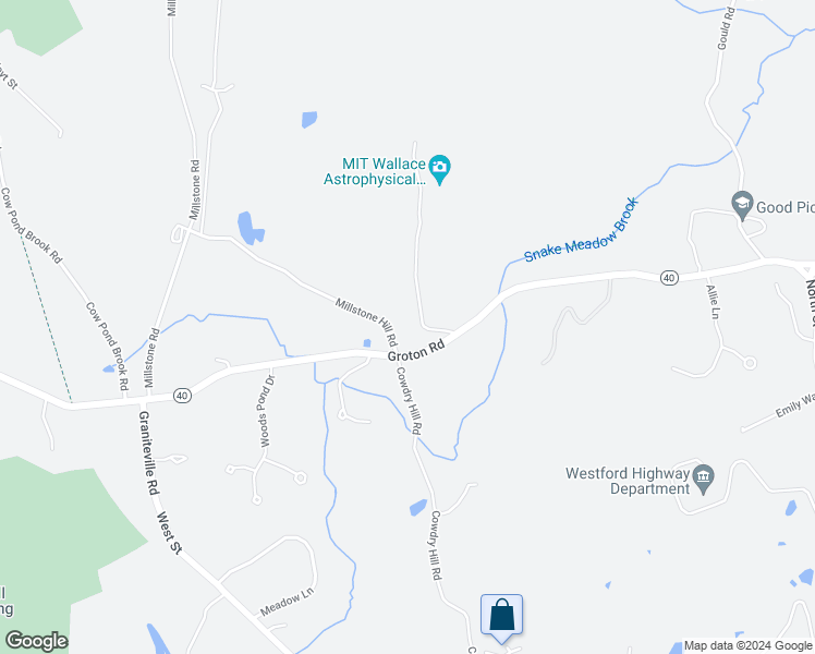 map of restaurants, bars, coffee shops, grocery stores, and more near 3 Millstone Hill Road in Westford