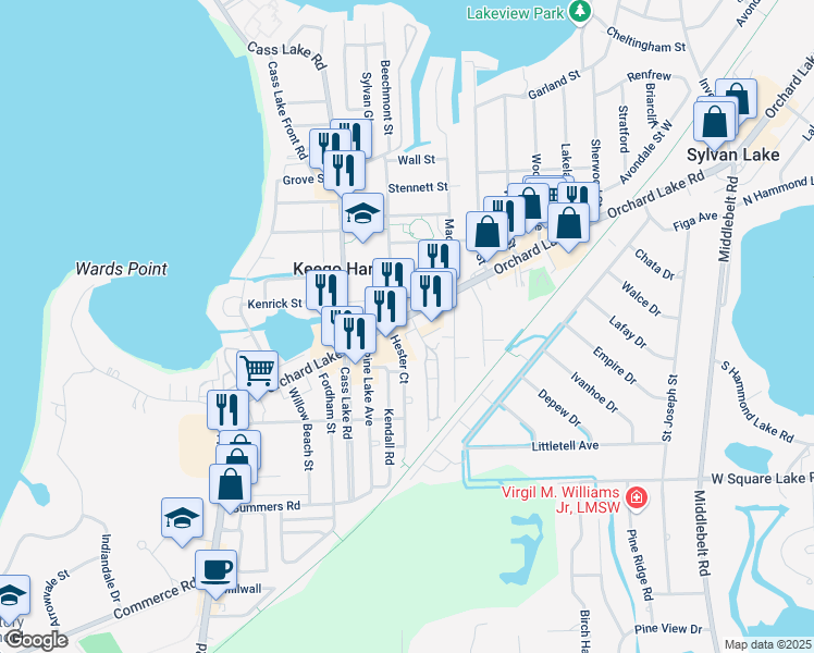 map of restaurants, bars, coffee shops, grocery stores, and more near 2225 Hester Court in Keego Harbor