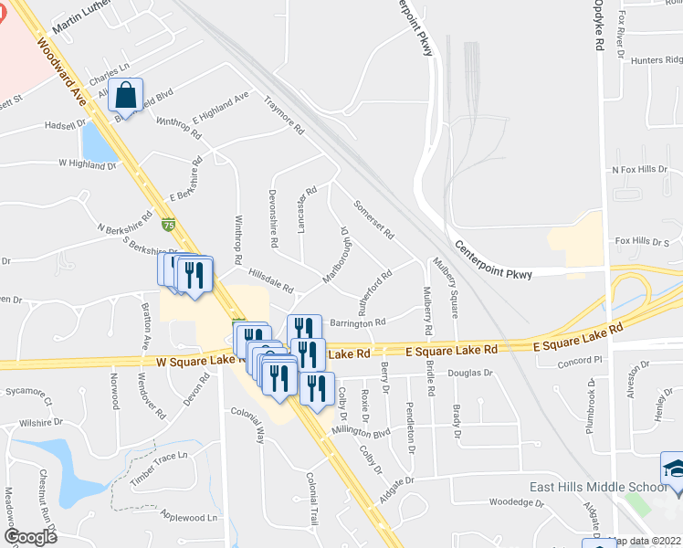 map of restaurants, bars, coffee shops, grocery stores, and more near 214 Marlborough Drive in Bloomfield Township