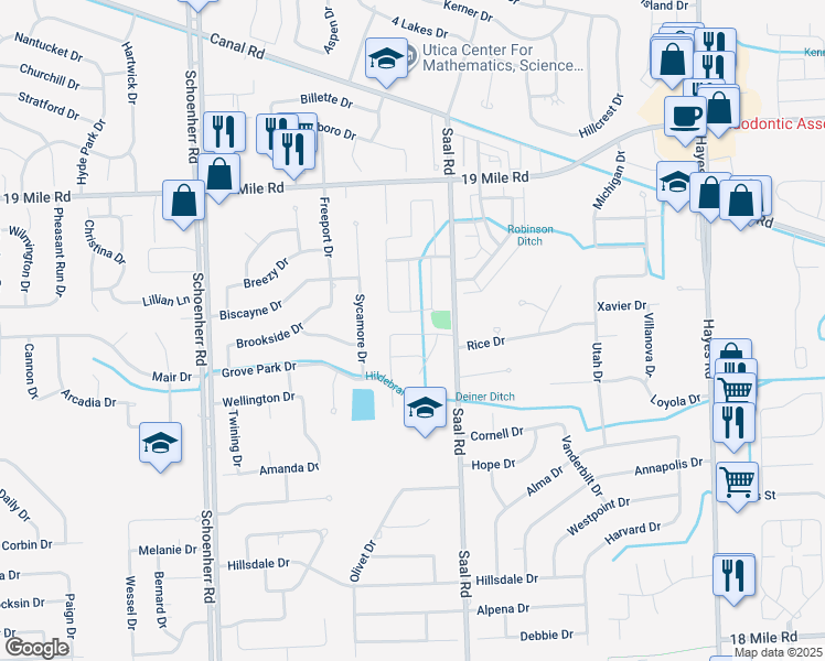 map of restaurants, bars, coffee shops, grocery stores, and more near 14210 Grandview Drive in Sterling Heights