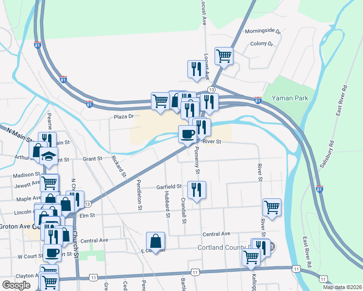 map of restaurants, bars, coffee shops, grocery stores, and more near 137 Clinton Avenue in Cortland