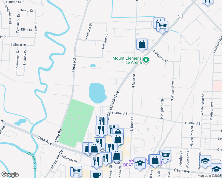 map of restaurants, bars, coffee shops, grocery stores, and more near 173 N Groesbeck Hwy in Mt Clemens