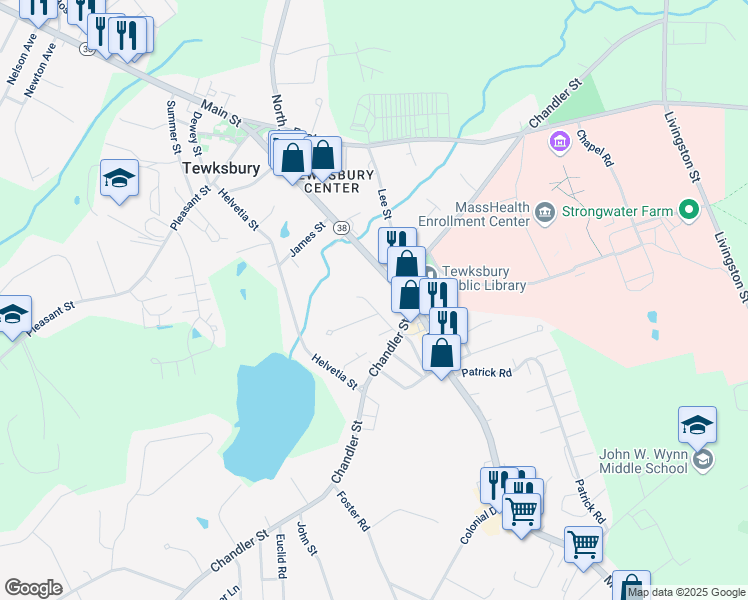 map of restaurants, bars, coffee shops, grocery stores, and more near 6 Jay Street in Tewksbury