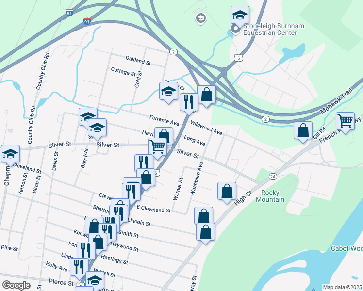 map of restaurants, bars, coffee shops, grocery stores, and more near 98 Silver Street in Greenfield