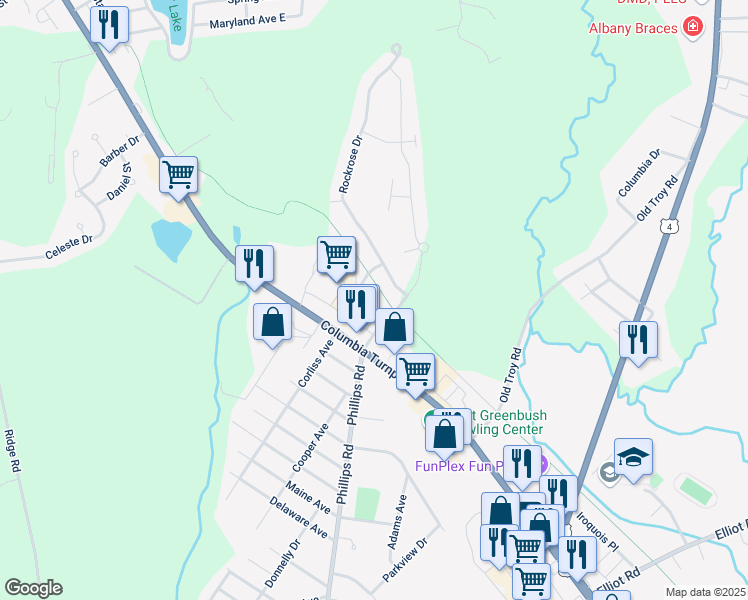 map of restaurants, bars, coffee shops, grocery stores, and more near 13 Forrest Drive in Rensselaer