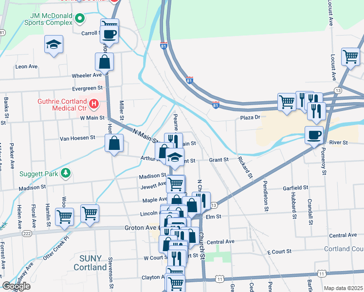 map of restaurants, bars, coffee shops, grocery stores, and more near 22 Grant Street in Cortland