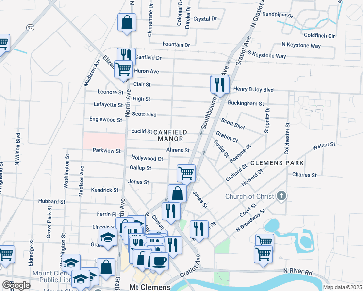 map of restaurants, bars, coffee shops, grocery stores, and more near 28 Moser Place in Mount Clemens