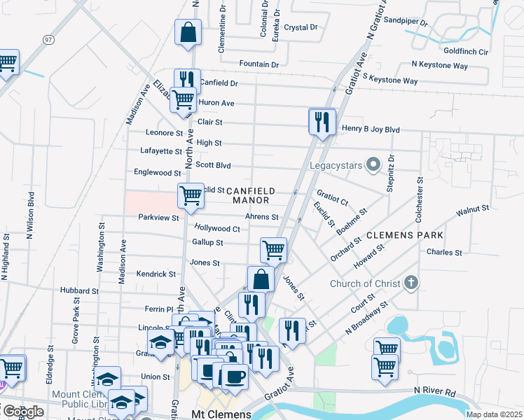 map of restaurants, bars, coffee shops, grocery stores, and more near 28 Moser Place in Mount Clemens
