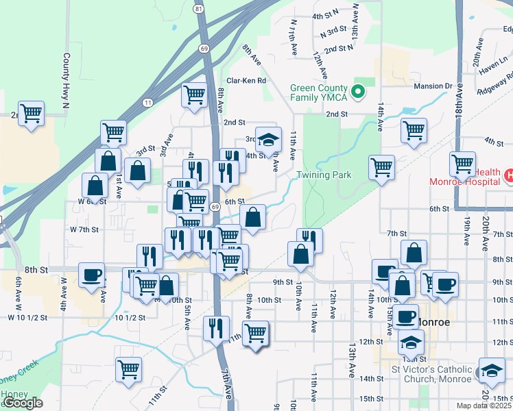 map of restaurants, bars, coffee shops, grocery stores, and more near 705-707 8th Avenue in Monroe