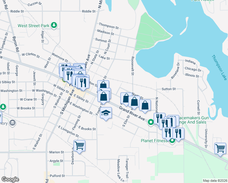 map of restaurants, bars, coffee shops, grocery stores, and more near 610 East Clinton Street in Howell
