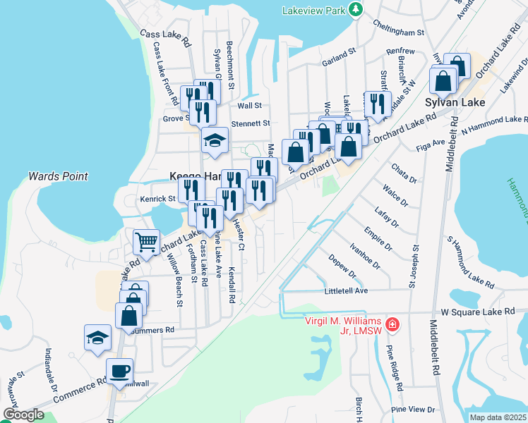 map of restaurants, bars, coffee shops, grocery stores, and more near 2220 Maddy Lane in Keego Harbor