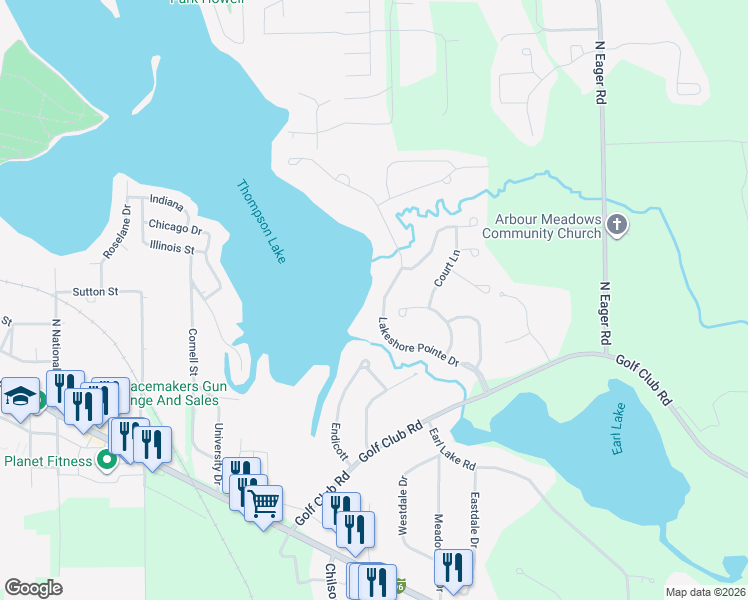 map of restaurants, bars, coffee shops, grocery stores, and more near 211 Lakeshore Pointe Drive in Howell