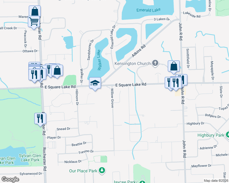 map of restaurants, bars, coffee shops, grocery stores, and more near 5981 Willow Grove Drive in Troy