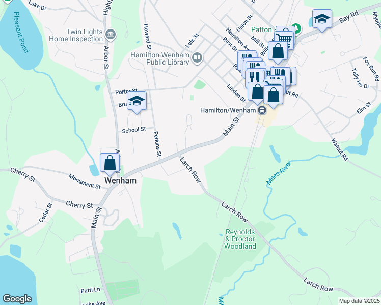 map of restaurants, bars, coffee shops, grocery stores, and more near 194 Main Street in Wenham