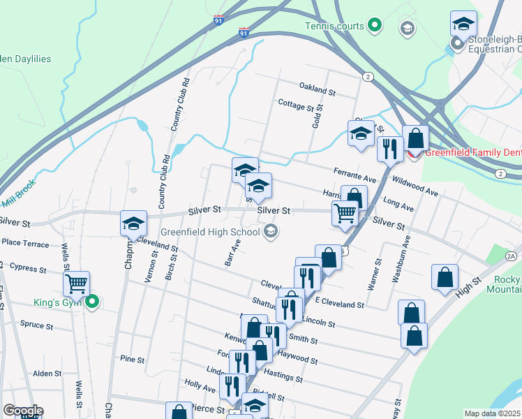 map of restaurants, bars, coffee shops, grocery stores, and more near 1 Lenox Avenue in Greenfield