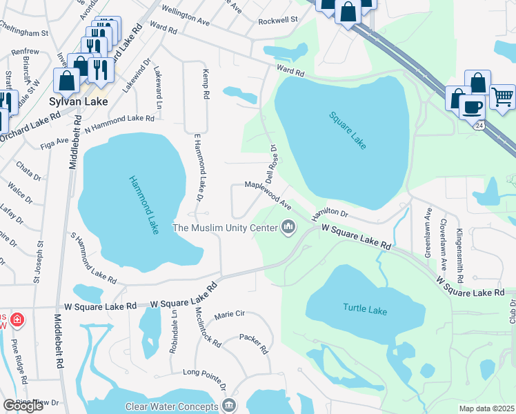 map of restaurants, bars, coffee shops, grocery stores, and more near 1993 Dell Rose Drive in Bloomfield Township