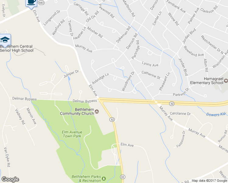 map of restaurants, bars, coffee shops, grocery stores, and more near 58 Huntersfield Road in Delmar