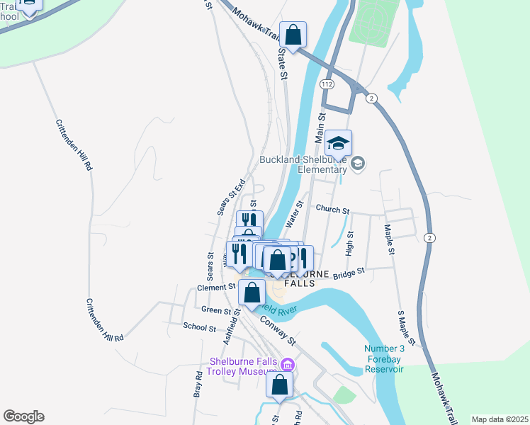map of restaurants, bars, coffee shops, grocery stores, and more near 58-98 State St in Buckland