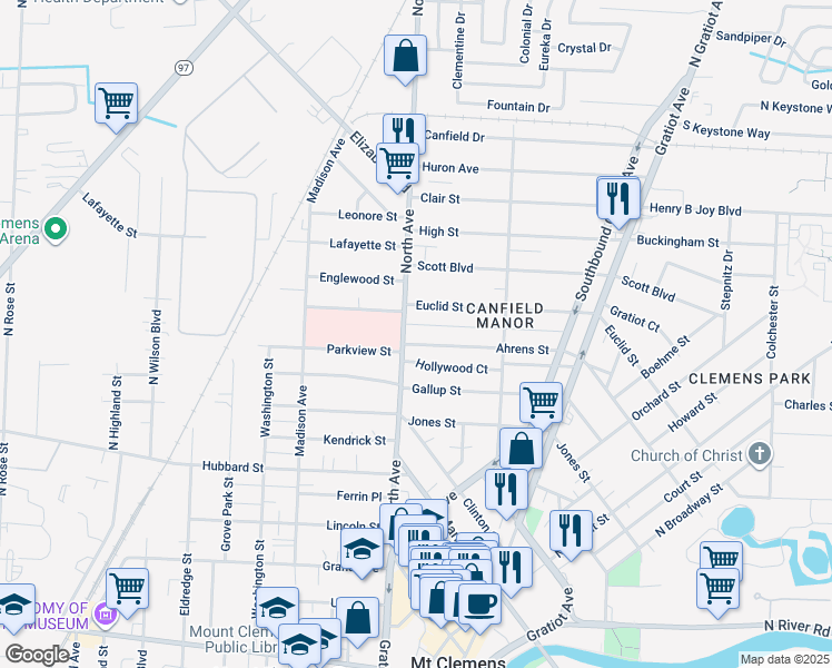 map of restaurants, bars, coffee shops, grocery stores, and more near 107 Ahrens Street in Mount Clemens