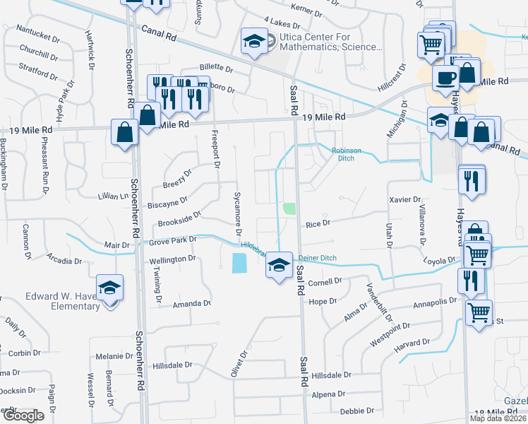 map of restaurants, bars, coffee shops, grocery stores, and more near 14210 Grandview Drive in Sterling Heights