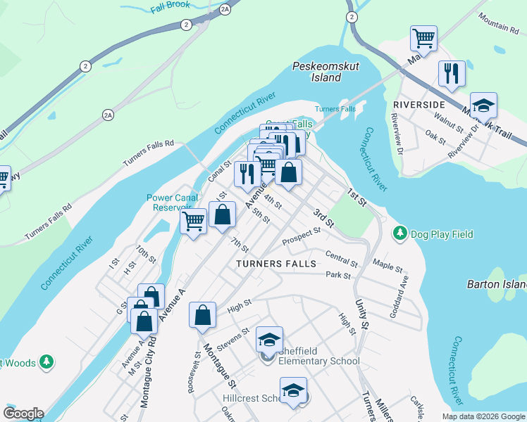 map of restaurants, bars, coffee shops, grocery stores, and more near 95 5th Street in Montague