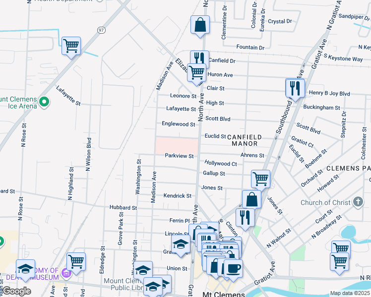 map of restaurants, bars, coffee shops, grocery stores, and more near 215 North Avenue in Mount Clemens