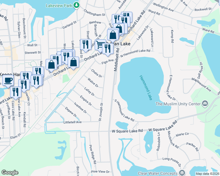 map of restaurants, bars, coffee shops, grocery stores, and more near 2258 Middlebelt Road in West Bloomfield Township