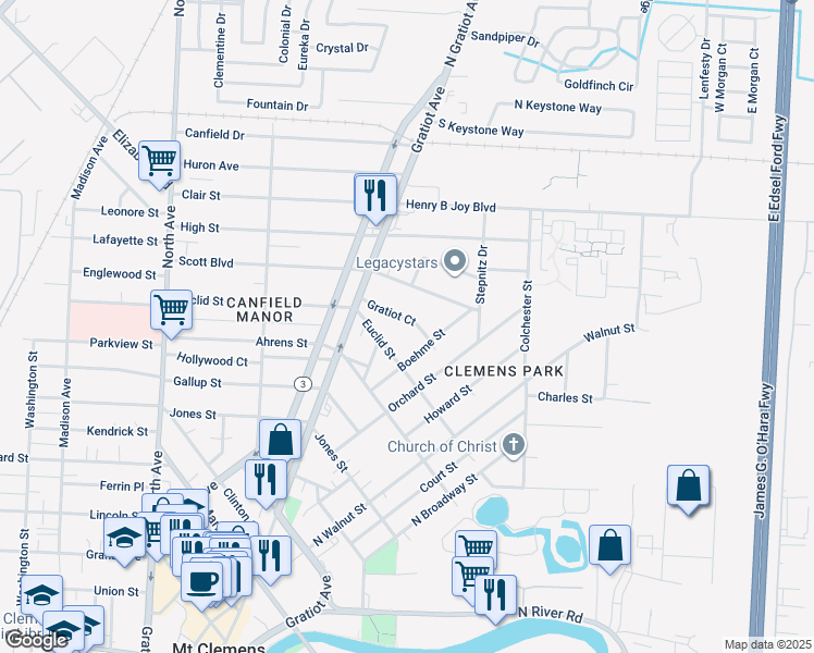 map of restaurants, bars, coffee shops, grocery stores, and more near 20 Gratiot Court in Mount Clemens