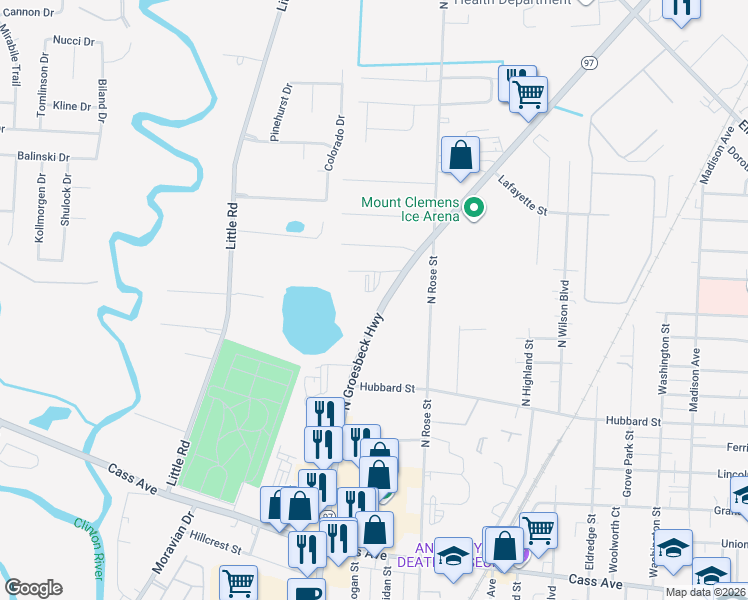map of restaurants, bars, coffee shops, grocery stores, and more near 173 North Groesbeck Highway in Mount Clemens