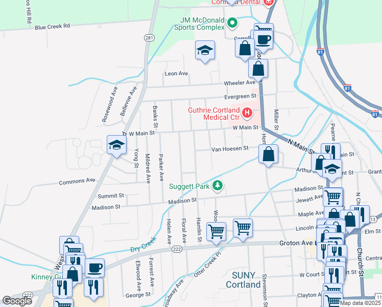 map of restaurants, bars, coffee shops, grocery stores, and more near 64 Floral Avenue in Cortland