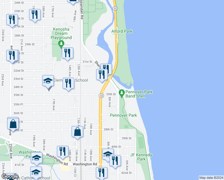 map of restaurants, bars, coffee shops, grocery stores, and more near 3508 7th Avenue in Kenosha