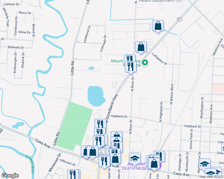 map of restaurants, bars, coffee shops, grocery stores, and more near 163 North Groesbeck Highway in Mount Clemens