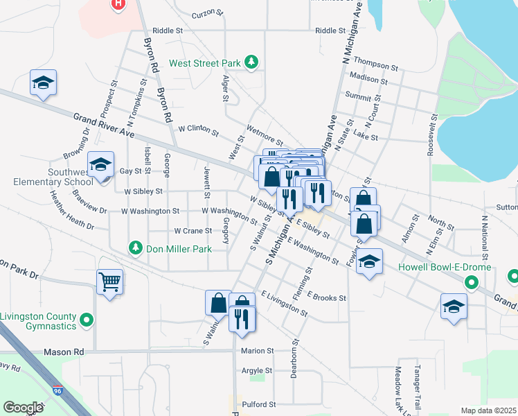 map of restaurants, bars, coffee shops, grocery stores, and more near 217 West Sibley Street in Howell