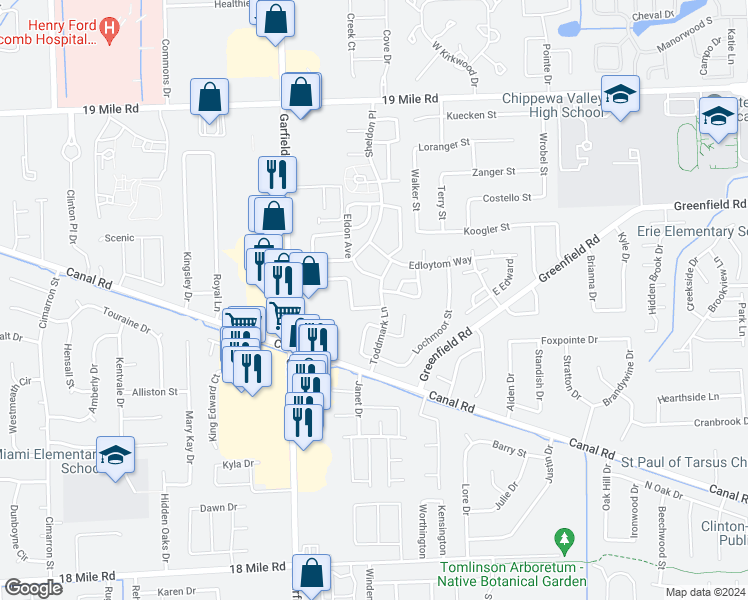 map of restaurants, bars, coffee shops, grocery stores, and more near 16890 Edloytom Way in Clinton Township