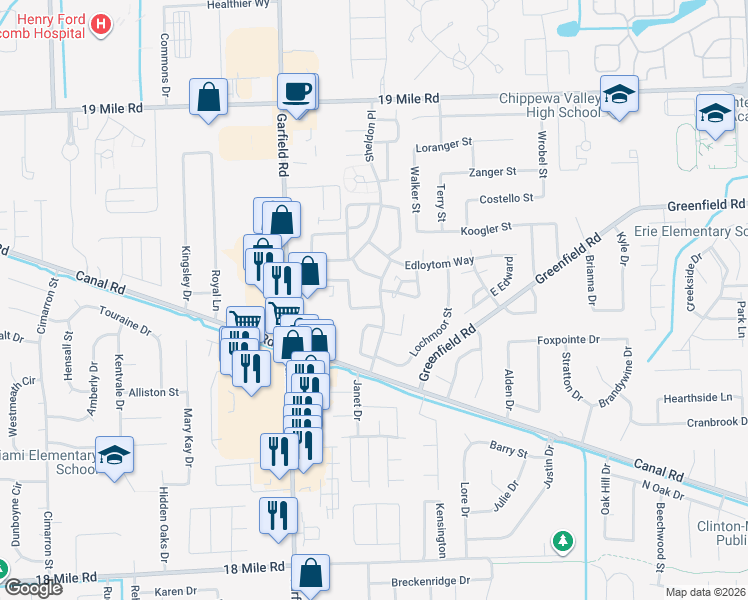 map of restaurants, bars, coffee shops, grocery stores, and more near 16880 Edloytom Way in Clinton Township