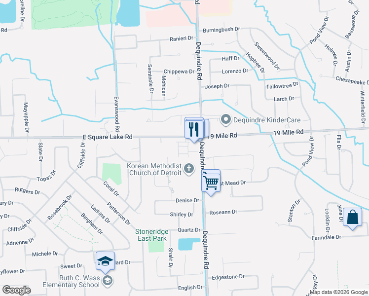 map of restaurants, bars, coffee shops, grocery stores, and more near 2937 East Square Lake Road in Troy