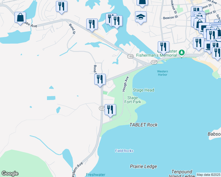 map of restaurants, bars, coffee shops, grocery stores, and more near 7 Stage Fort Avenue in Gloucester