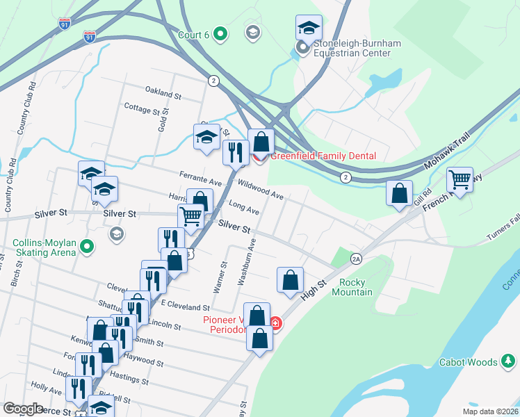 map of restaurants, bars, coffee shops, grocery stores, and more near 16 Wildwood Avenue in Greenfield