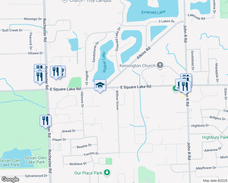 map of restaurants, bars, coffee shops, grocery stores, and more near 5981 Willow Grove in Troy