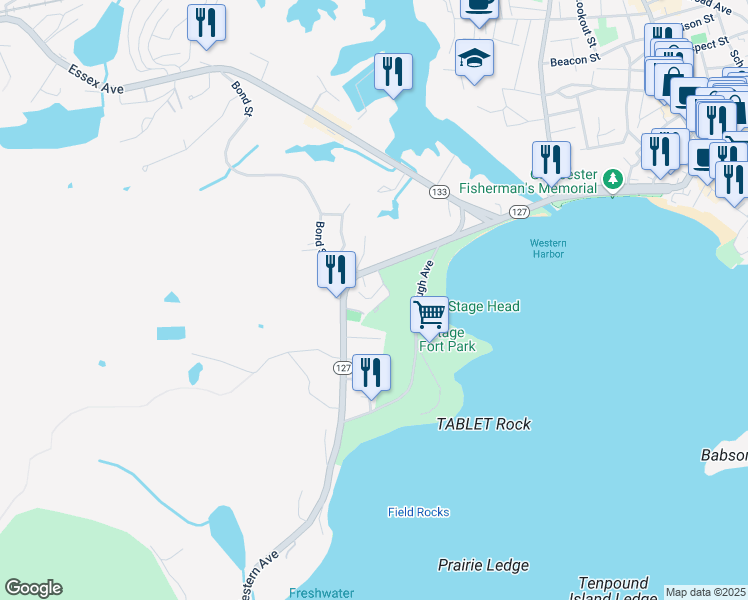 map of restaurants, bars, coffee shops, grocery stores, and more near 7 Stage Fort Avenue in Gloucester